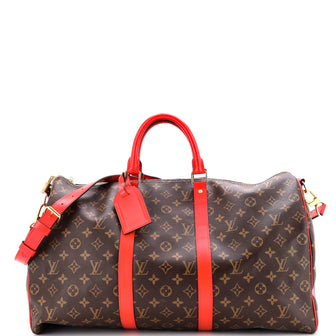 Louis Vuitton Keepall Bandouliere Bag Monogram Canvas with Coquelicot Leather Trim 50