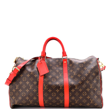 Louis Vuitton Keepall Bandouliere Bag Monogram Canvas with Coquelicot Leather Trim 50