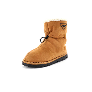 Prada Women's Triangle Logo Drawcord Ankle Boots Suede with Shearling