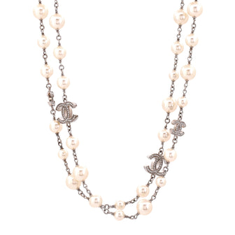Chanel CC Long Necklace Faux Pearls and Crystal Embellished Metal