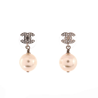 Chanel CC Pearl Drop Earrings Faux Pearl and Metal with Crystals