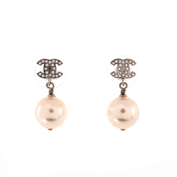 Chanel CC Pearl Drop Earrings Faux Pearl and Metal with Crystals