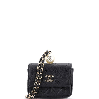Chanel CC Pearl Coin Card Holder with Chain Quilted Caviar