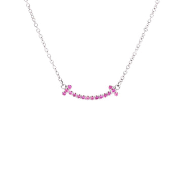 Tiffany & Co. T Smile Pendant Necklace 18K White Gold with Pink Sapphires Mini