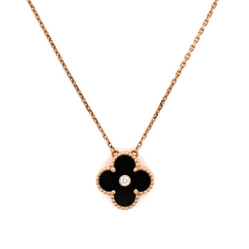 Van Cleef & Arpels Vintage Alhambra Pendant Necklace 18K Rose Gold and Onyx with Diamond