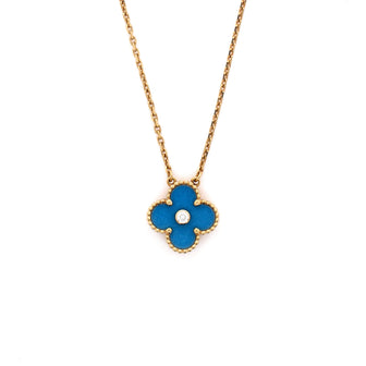 Van Cleef & Arpels Vintage Alhambra Pendant Necklace 18K Yellow Gold and Blue Sevres Porcelain with Diamond