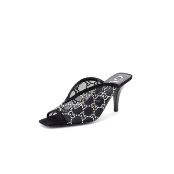 Gucci Women's Heeled Mule Sandals Crystal GG Embellished Mesh and Suede