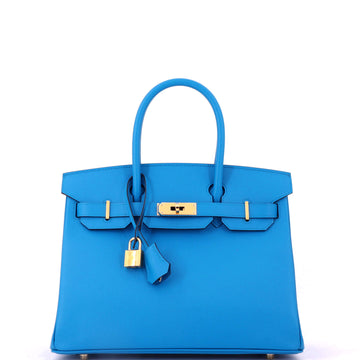 Hermes Birkin Handbag Blue Epsom with Gold Hardware 30