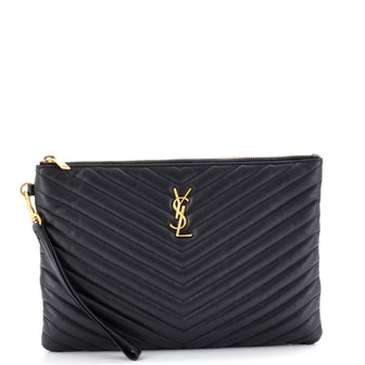 Saint Laurent Classic Monogram Wristlet Pouch Matelasse Chevron Leather Medium