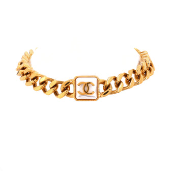 Chanel CC Dog Tag Choker Chain Link Necklace Metal with Faux Pearl