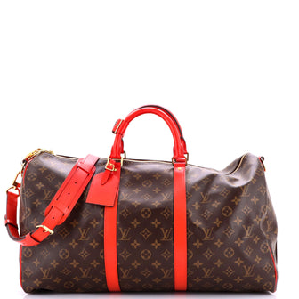Louis Vuitton Keepall Bandouliere Bag Monogram Canvas with Coquelicot Leather Trim 50