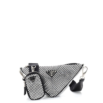 Prada Triangle Logo Zip Crossbody Bag Crystal Embellished Satin Small