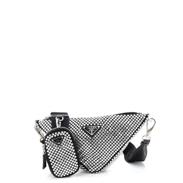 Prada Triangle Logo Zip Crossbody Bag Crystal Embellished Satin Small