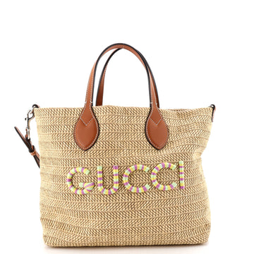 Gucci Logo Plaque Convertible Tote Raffia Small