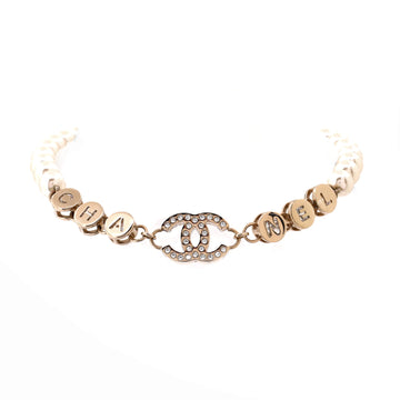 Chanel CHA-NEL Logo CC Choker Necklace Metal with Faux Pearls and Crystals