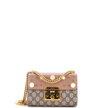 Gucci Pearly Padlock Shoulder Bag GG Coated Canvas with Studded Leather Small