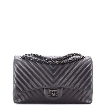 Chanel So Black Classic Double Flap Bag Chevron Lambskin Jumbo