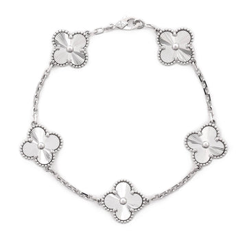 Van Cleef & Arpels Vintage Alhambra 5 Motifs Bracelet Guilloche 18K White Gold
