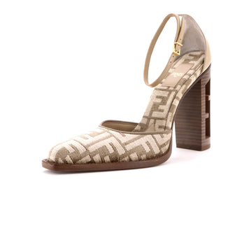 Fendi Women's FF Cut Ankle Strap Pumps Zucca Jacquard with Leather