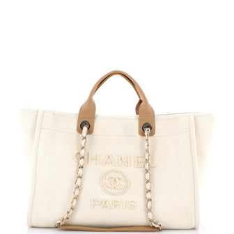 Chanel Deauville Tote Pearl Embellished Canvas Medium