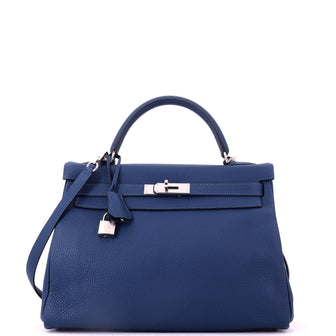 Hermes Kelly Handbag Blue Togo with Palladium Hardware 32