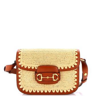 Gucci Horsebit 1955 Shoulder Bag Raffia Effect with Leather Small