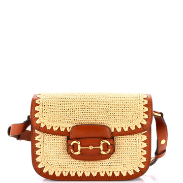 Gucci Horsebit 1955 Shoulder Bag Raffia Effect with Leather Small
