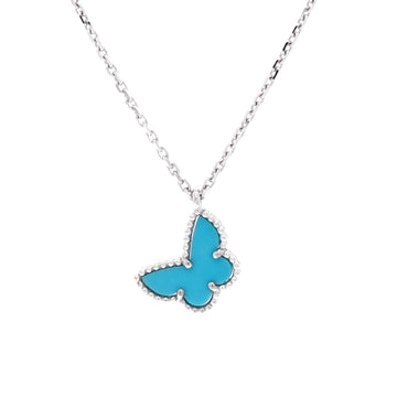 Van Cleef & Arpels Sweet Alhambra Butterfly Pendant Necklace 18K White Gold with Turquoise
