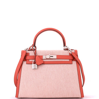 Hermes Kelly Handbag Toile and Brown Swift with Palladium Hardware 28