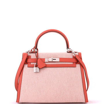 Hermes Kelly Handbag Toile and Brown Swift with Palladium Hardware 28