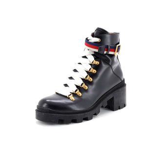 Gucci Women's Heeled Lace Up Combat Ankle Boots Leather