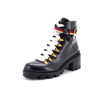 Gucci Women's Heeled Lace Up Combat Ankle Boots Leather