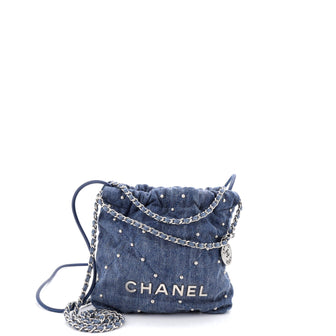 Chanel 22 Chain Hobo Quilted Studded Denim Mini