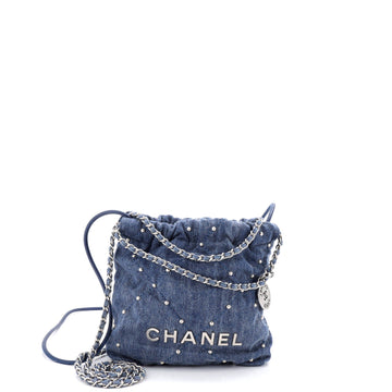 Chanel 22 Chain Hobo Quilted Studded Denim Mini