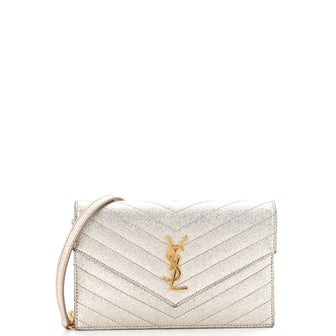 Saint Laurent Classic Monogram Wallet on Chain Matelasse Chevron Metallic Leather Small