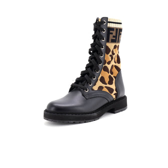 Fendi Women's Rockoko Combat Boots Leather with Knit Stretch Fabric and Zucca Trim