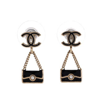 Chanel Dangling Flap Bag Stud Earrings Metal with Enamel and Faux Pearl