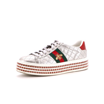 Gucci Women's Ace Web Platform Sneakers Quilted Leather with Crystals