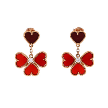 Van Cleef & Arpels Sweet Alhambra Effeuillage Heart Earrings 18K Rose Gold with Carnelian and Diamonds