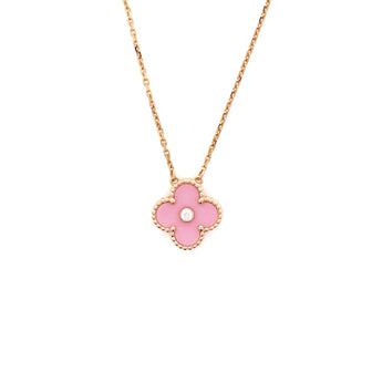 Van Cleef & Arpels Vintage Alhambra Pendant Necklace 18K Rose Gold and Pink Sevres Porcelain with Diamond