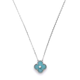 Van Cleef & Arpels Vintage Alhambra Pendant Necklace 18K White Gold and Green Celadon Sevres Porcelain with Diamond