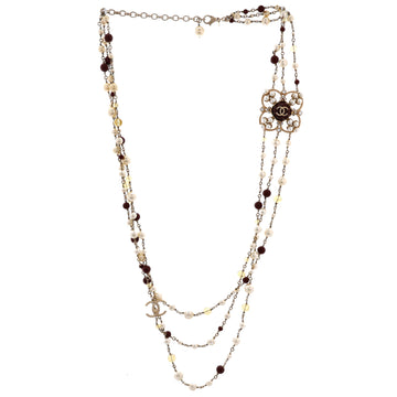 Chanel CC Triple Strand Necklace Metal with Faux Pearl, Crystals and Beads