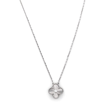 Van Cleef & Arpels Vintage Alhambra Pendant Necklace Guilloche 18K White Gold with Diamond