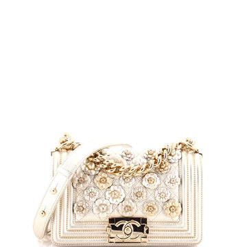 Chanel Boy Flap Bag Quilted Lambskin with Camellia Applique Small