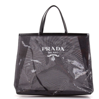 Prada Logo Open Tote Sequined Mesh Large