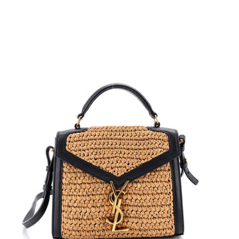 Saint Laurent Cassandra Top Handle Bag Raffia with Leather Mini