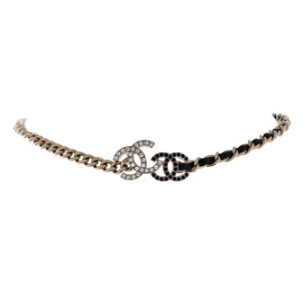 Chanel Double CC Chain Choker Necklace Metal with Leather and Crystals