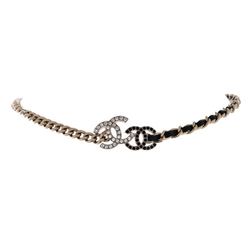 Chanel Double CC Chain Choker Necklace Metal with Leather and Crystals