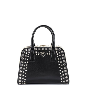 Prada Pyramid Top Handle Bag Studded Vernice Saffiano Leather Small