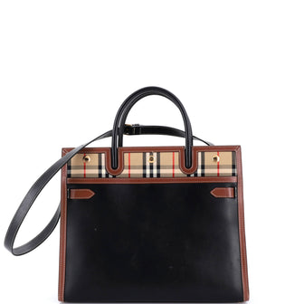 Burberry Title Two Handle Tote Leather with Vintage Check Canvas Medium